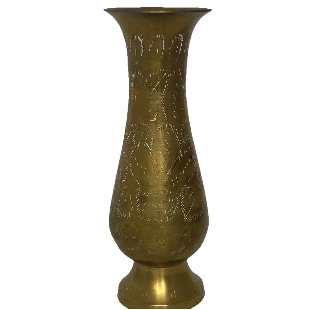 Vintage MCM Engraved Brass Vase Flowers Gold Patina 8
